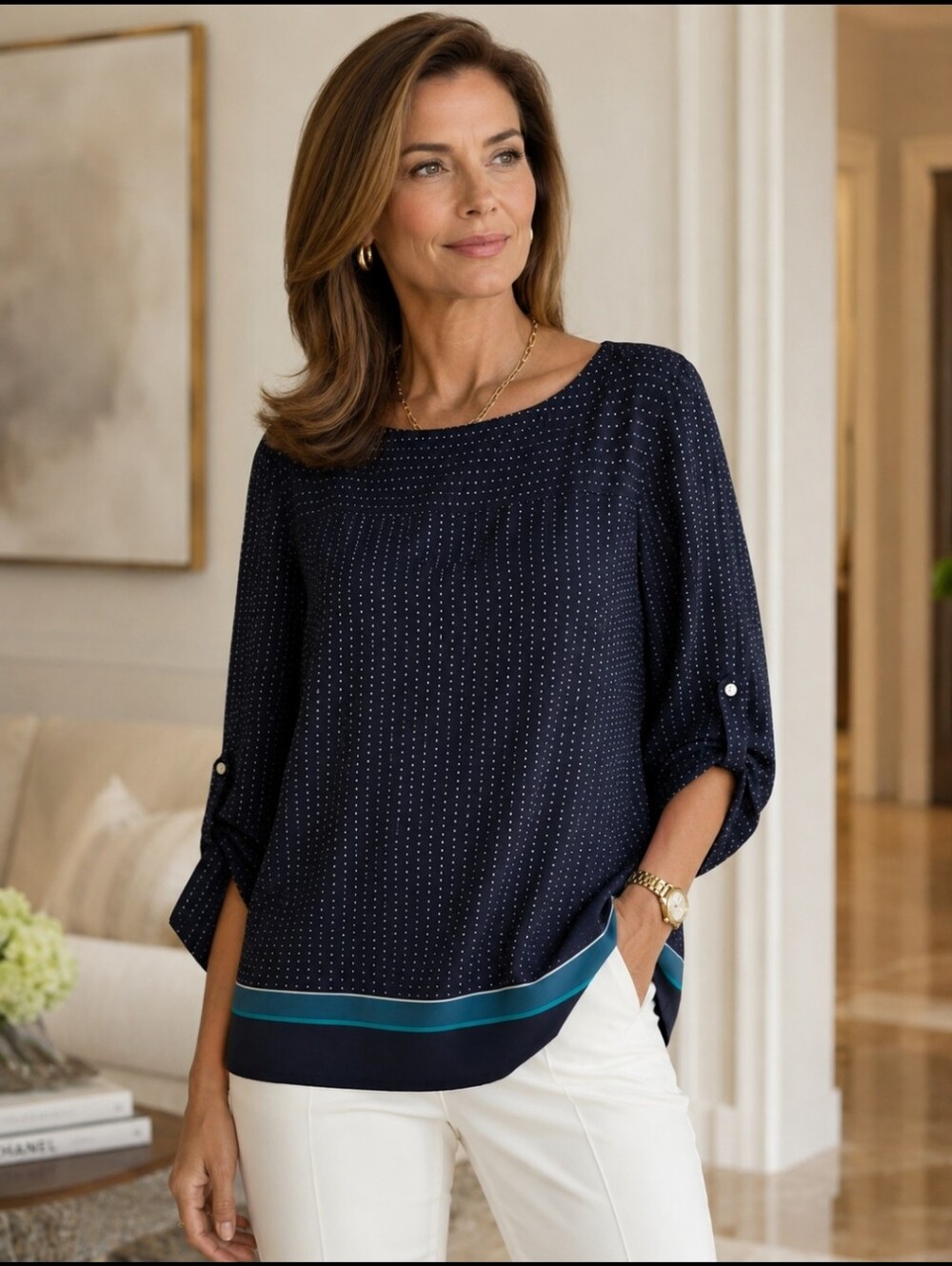 LOFT Women's Navy Polka Dot Long Sleeve Blouse Size L